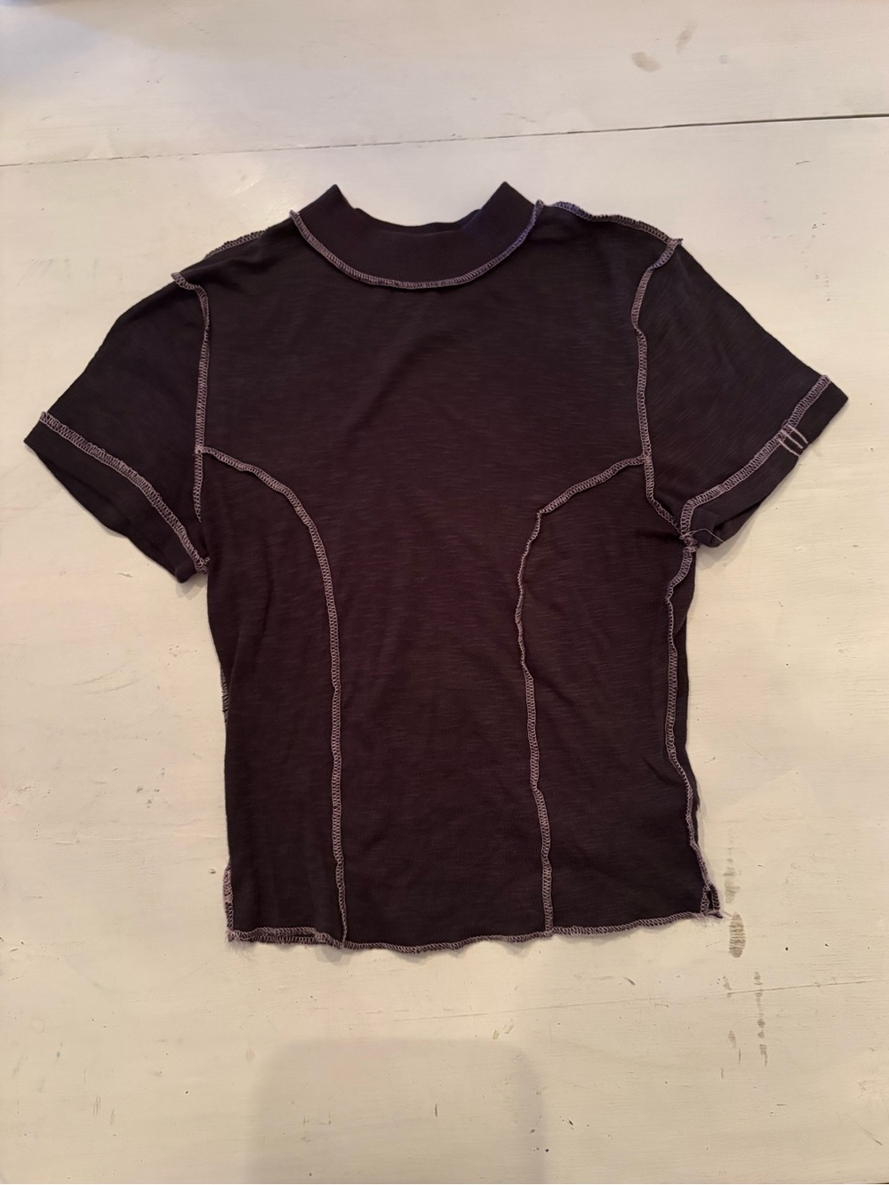 BDG Dark Gray Short Sleeve Cropped Top with Light Pink Stitching